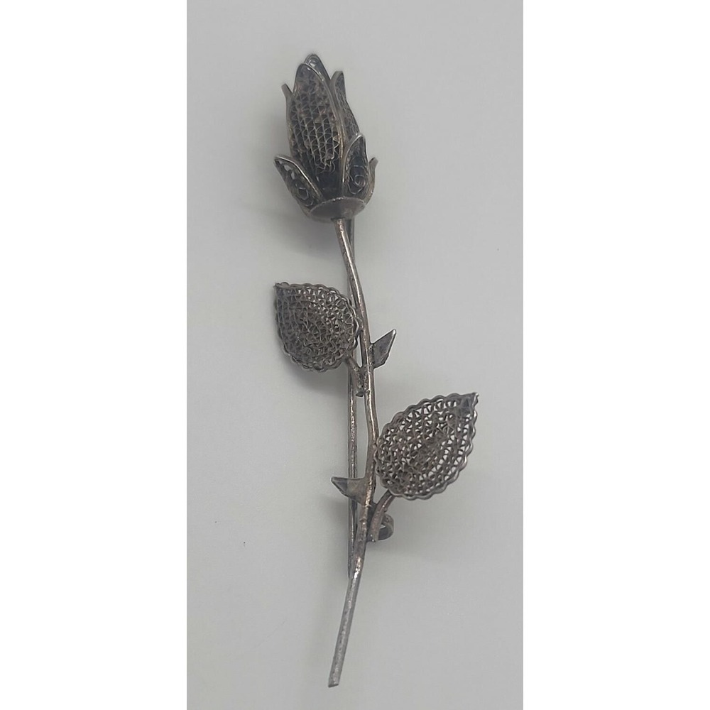 Vintage silver filigree ROSE‎ flower brooch pin